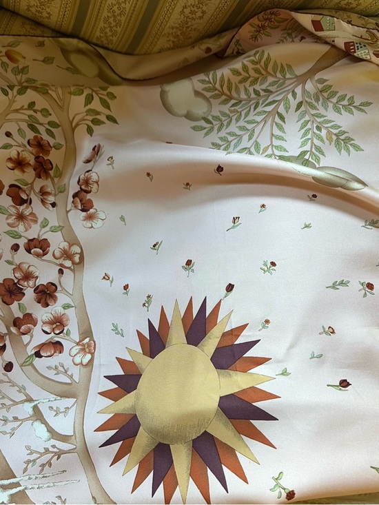 Longchamp Accessories - Longchamp Silk Scarf with Sunburst and Floral Motif in Cream, Gold, Brown, Green